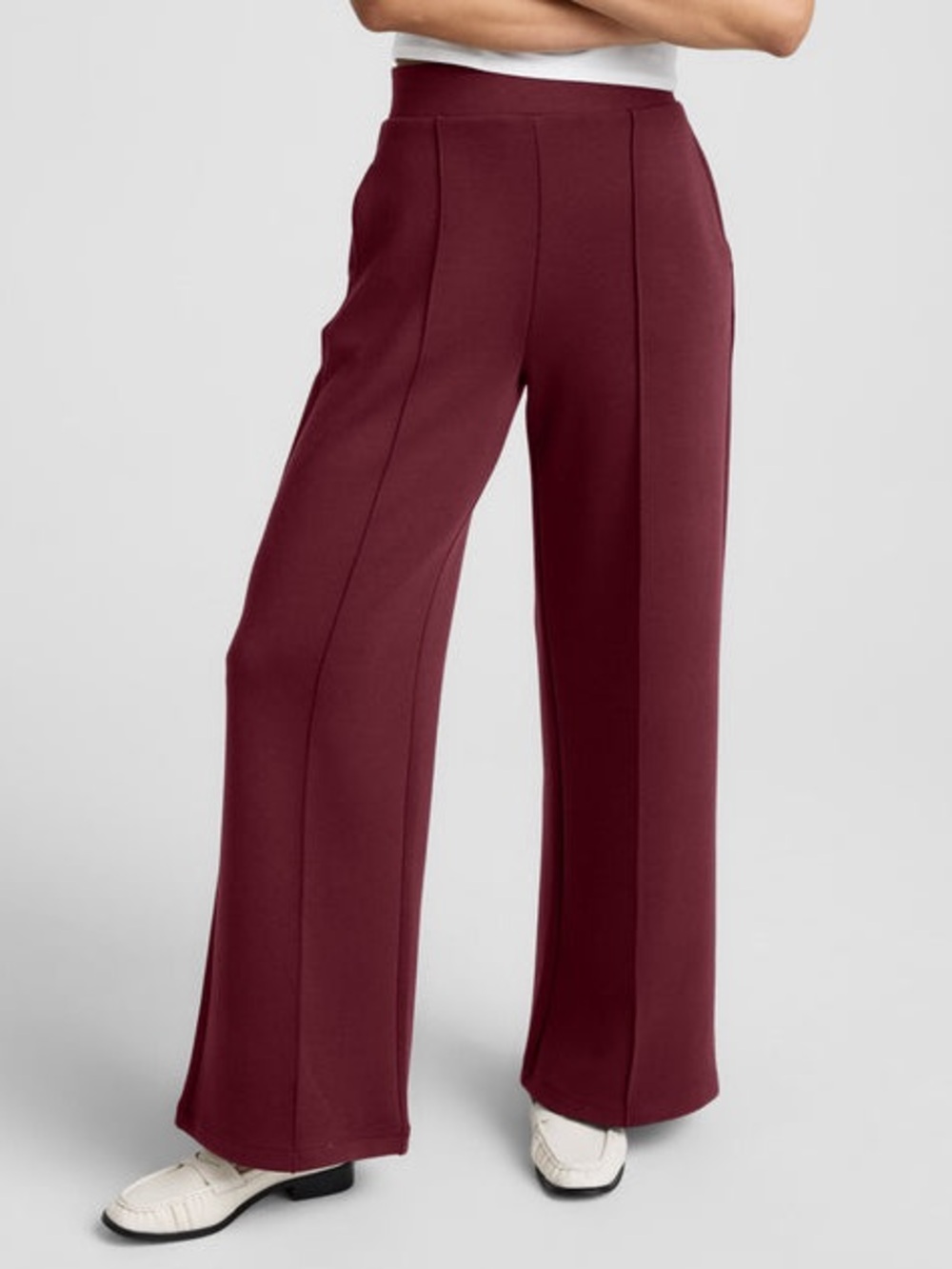 A-New-Day Wide-Leg Scuba Pants Elastic Waist Trouser Maroon Medium High Rise